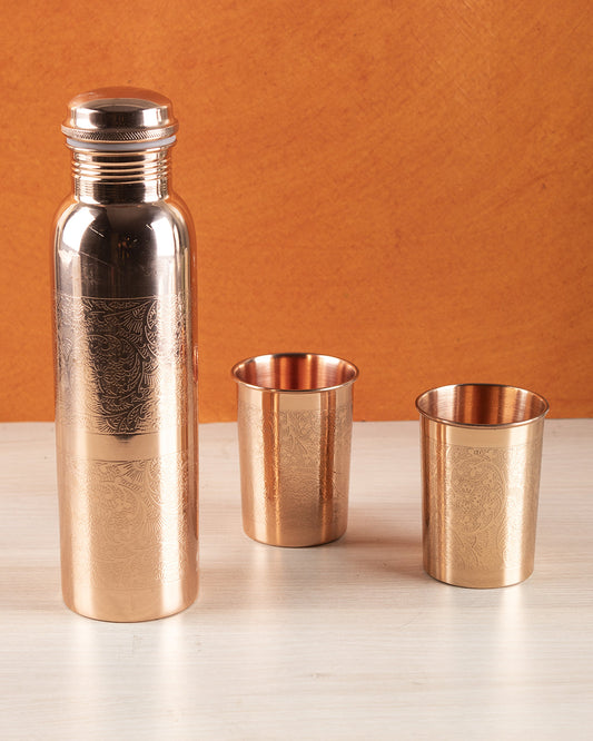 VON CASA Bottle with Tumbler Set, 1 Bottle, 2 Tumblers, Copper, Set of 3, 1 Litre
