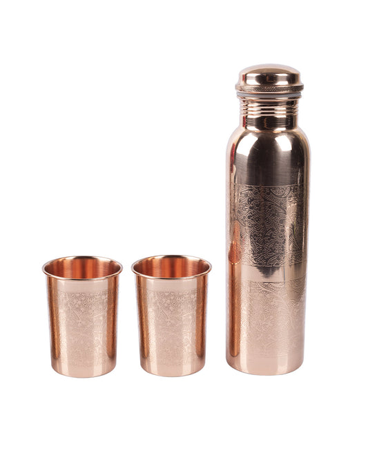 VON CASA Bottle with Tumbler Set, 1 Bottle, 2 Tumblers, Copper, Set of 3, 1 Litre