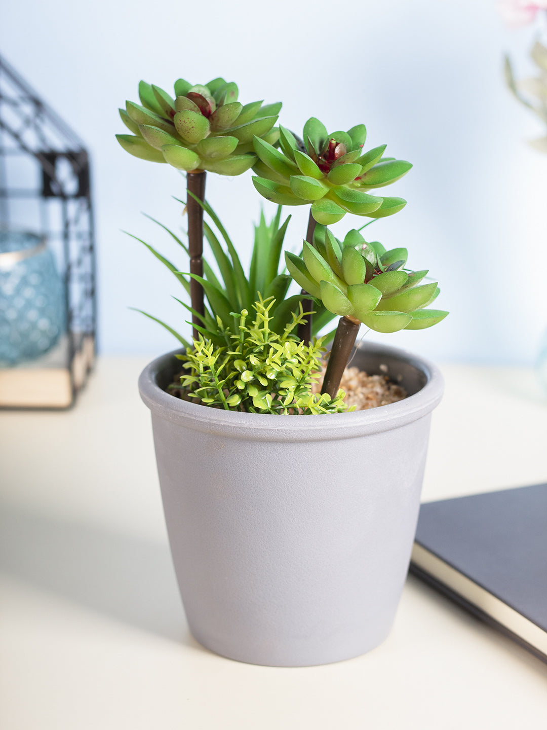 VON CASA Fake Mini Succulent Plant Pot - Grey Pot