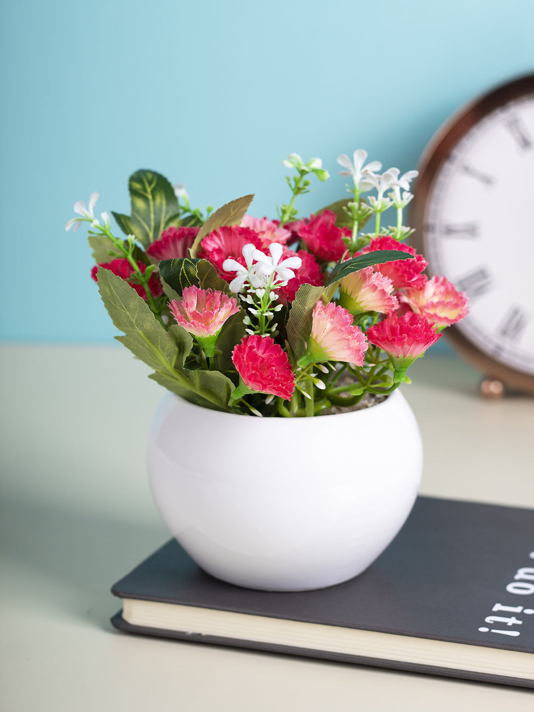 VON CASA Round Plastic Pink Flower With Pot - White