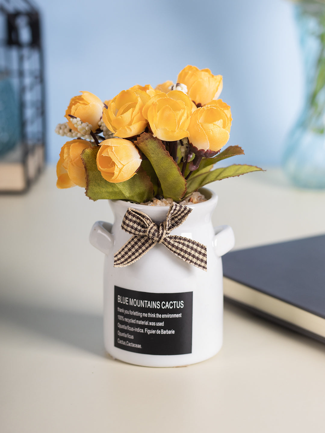 VON CASA Cylindrical Plastic Flower With Pot - Yellow Rose White Pot