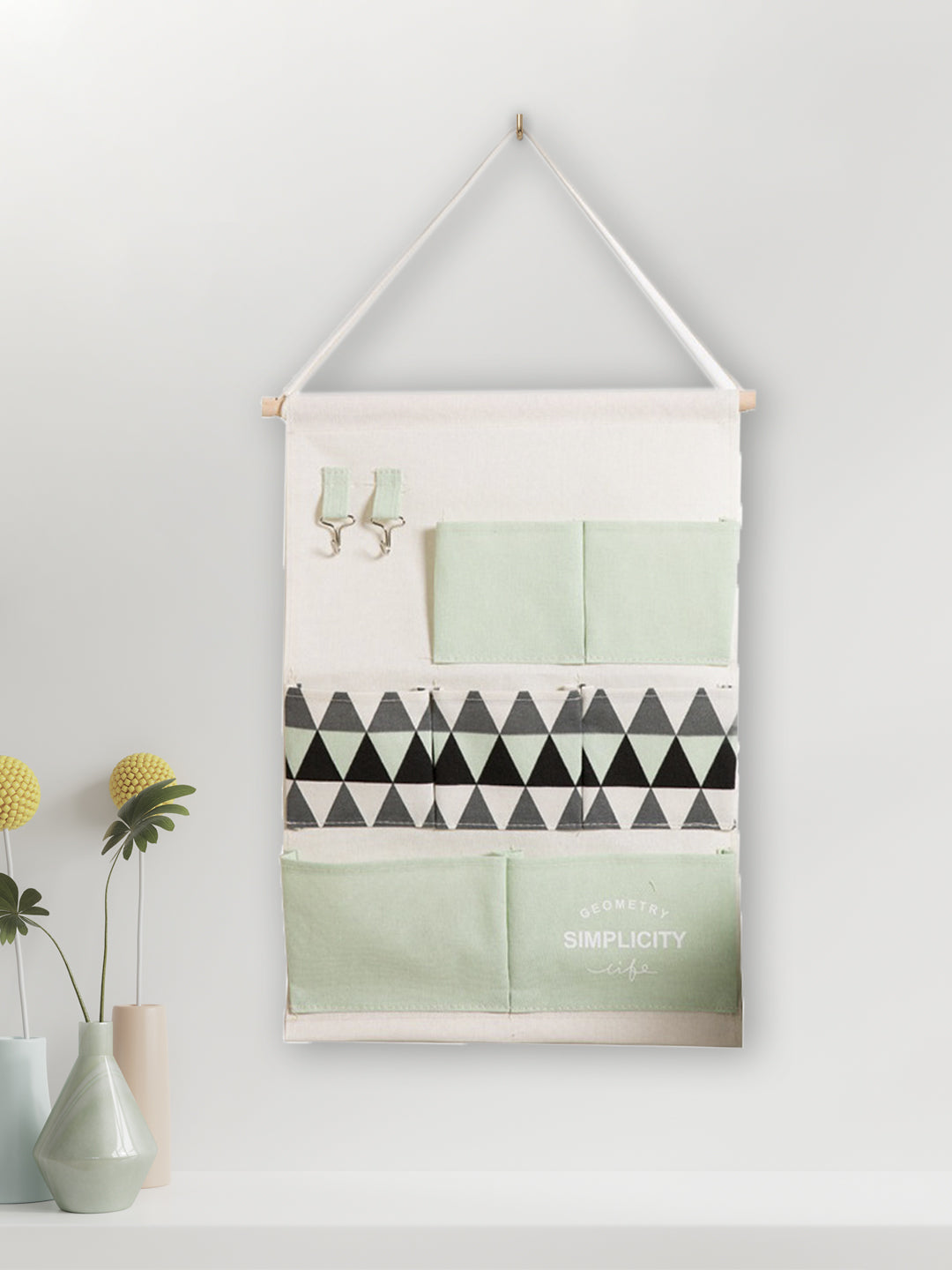 VON CASA Wall Hanging Storage Bag With 7 Pockets And Key Hook - Green