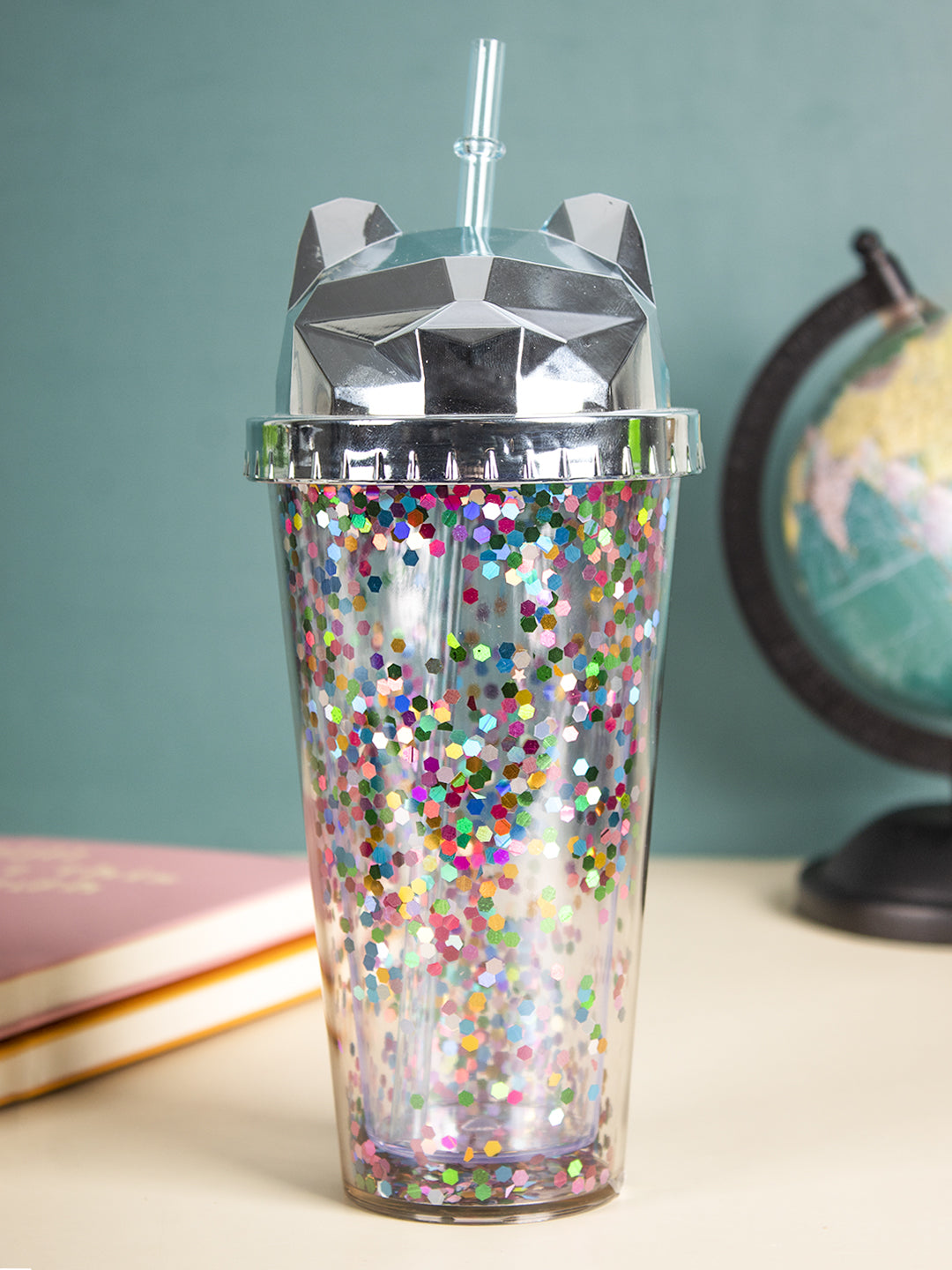 VON CASA 380Ml Silver Cat Ear Travel Sipper With Straw