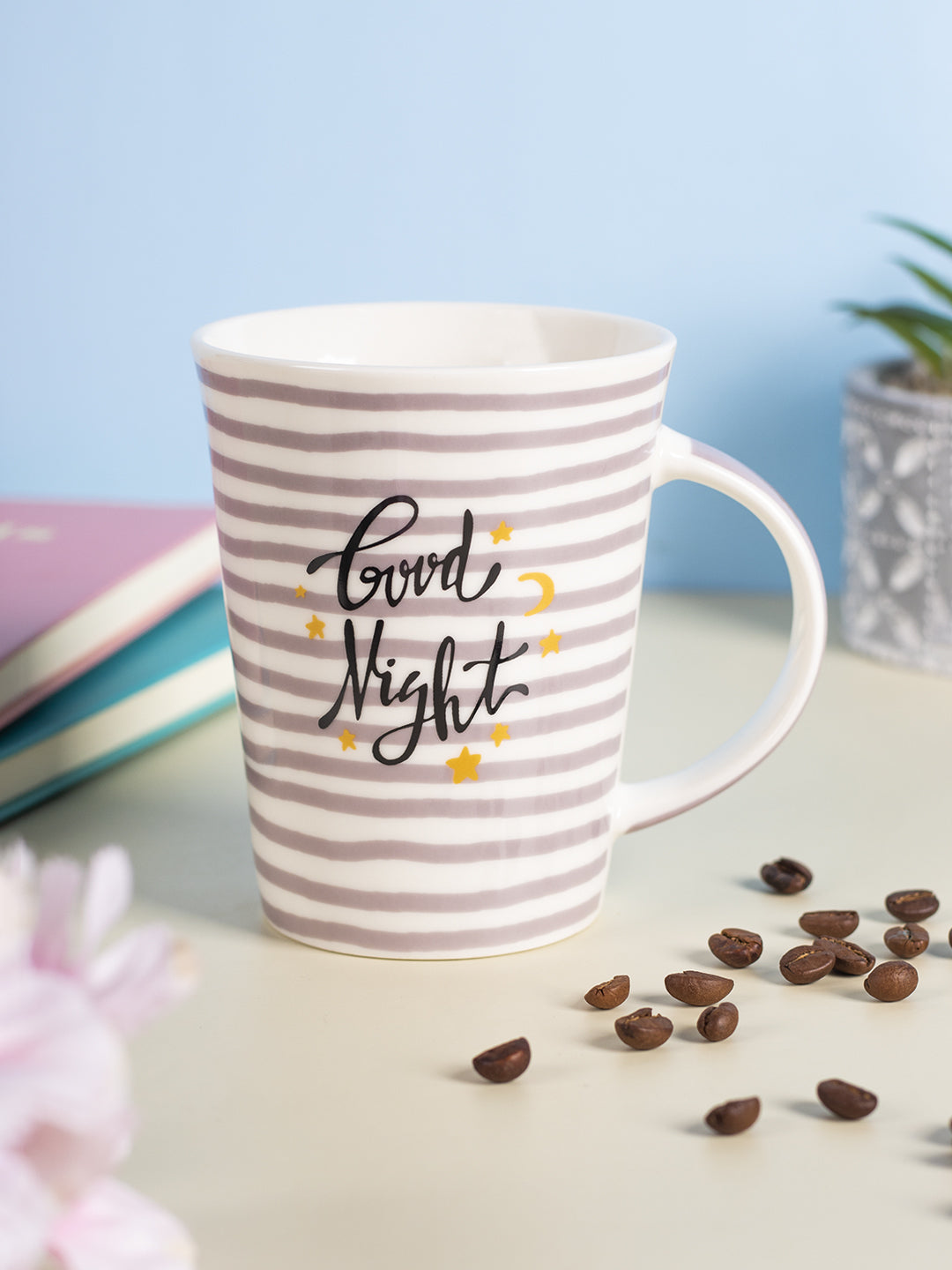 VON CASA 300Ml Ceramic Side Lines Coffee Mug - White