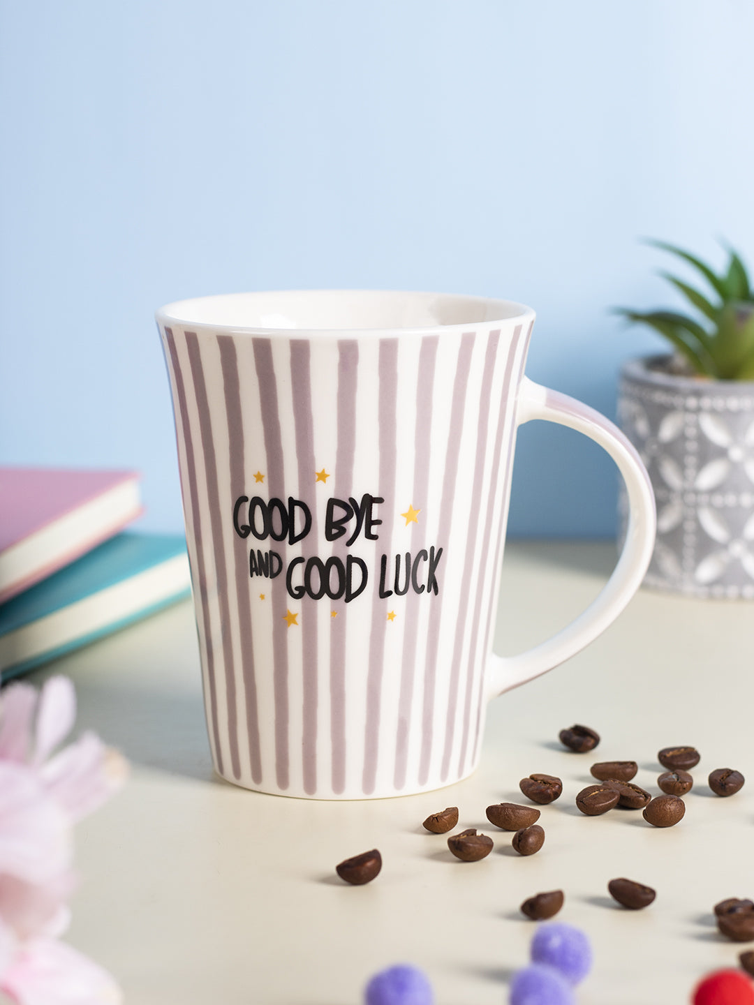 VON CASA 300Ml Ceramic Straight Lines Coffee Mug - White