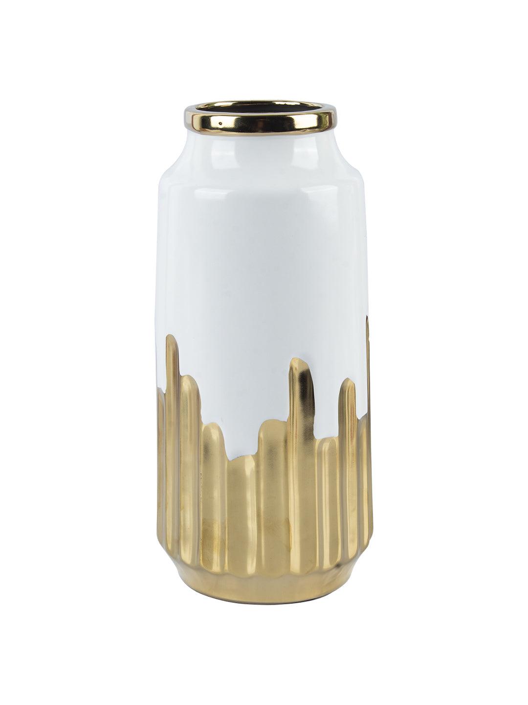 VON CASA Ceramic White +Gold Cyclendrical Vase - VON CASA
