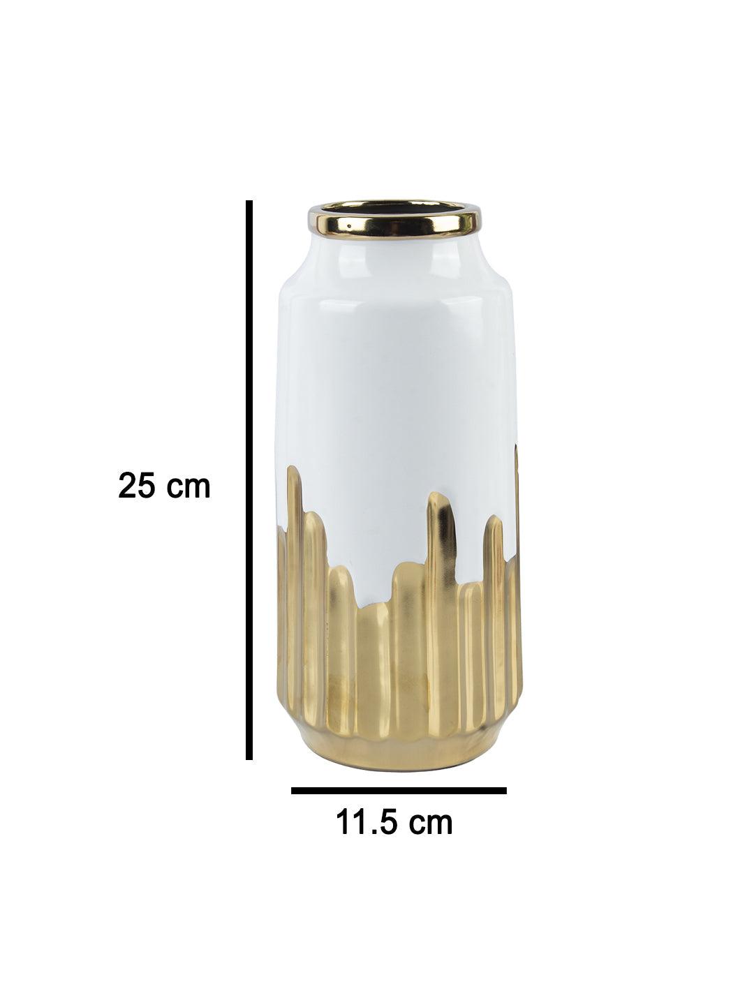 VON CASA Ceramic White +Gold Cyclendrical Vase - VON CASA