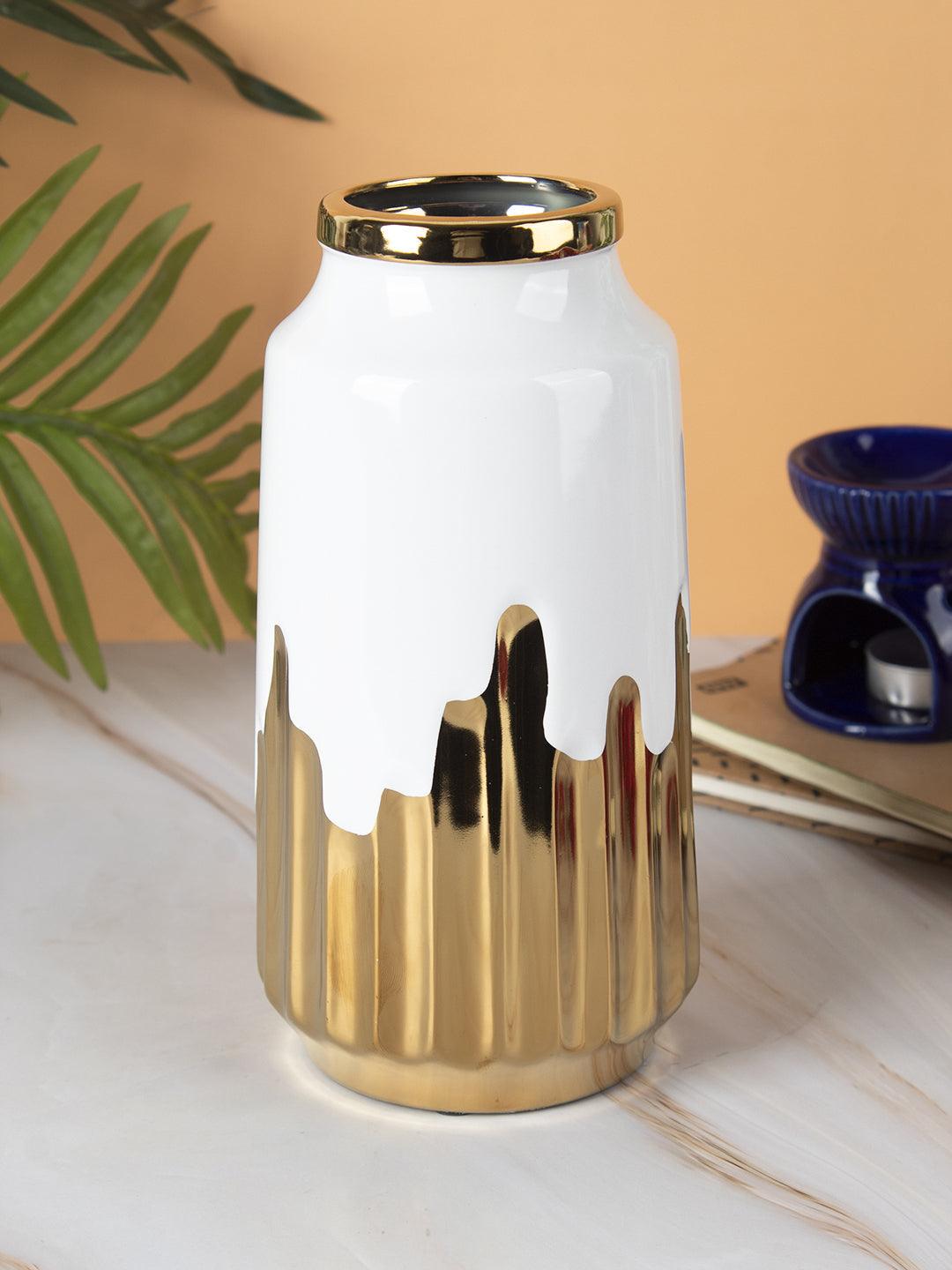 VON CASA Ceramic White +Gold Cyclendrical Vase - VON CASA