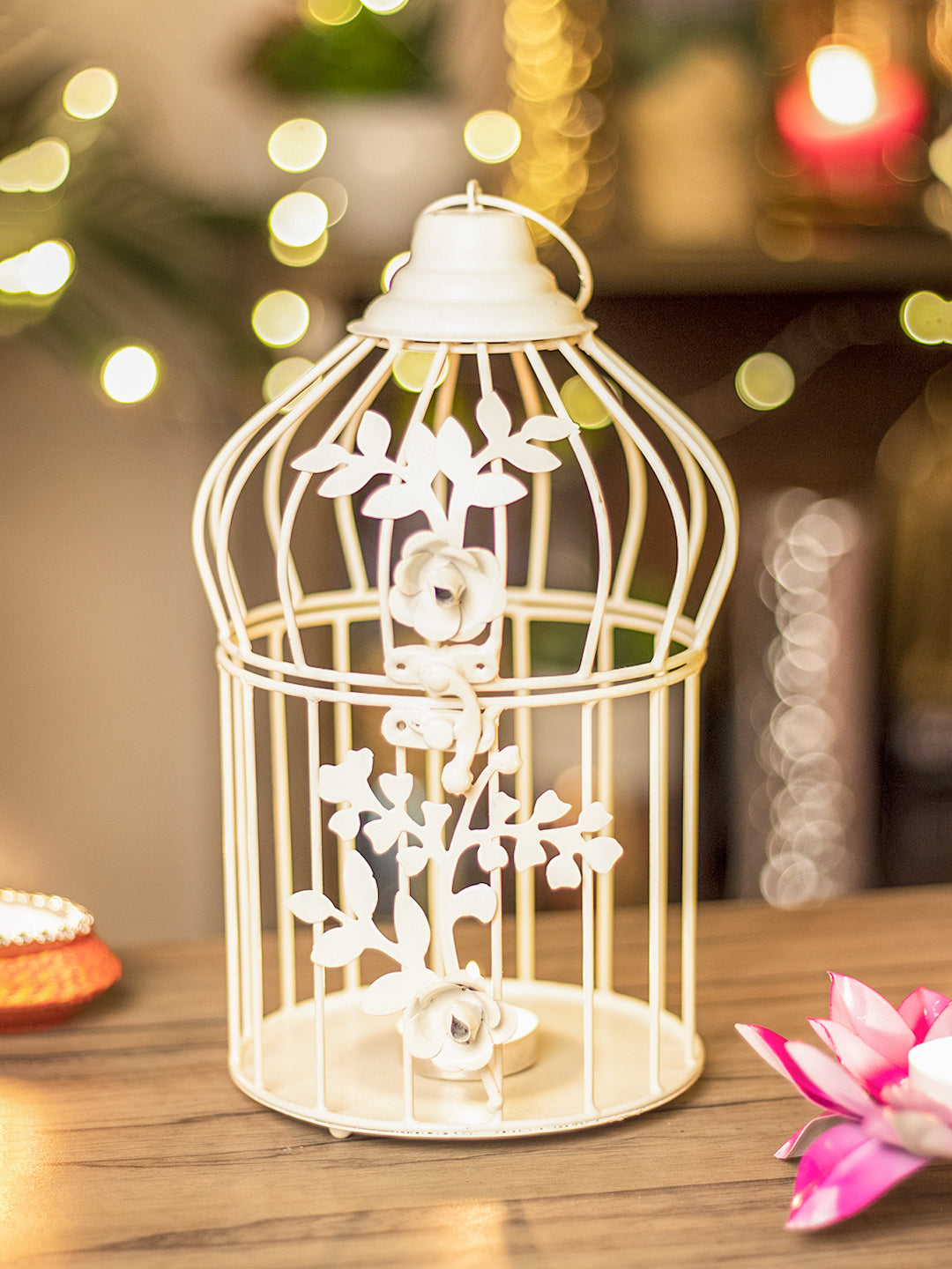 VON CASA Diwali Decoration Item WHITE CAGE T -LITE HOLDER PACK OF 2