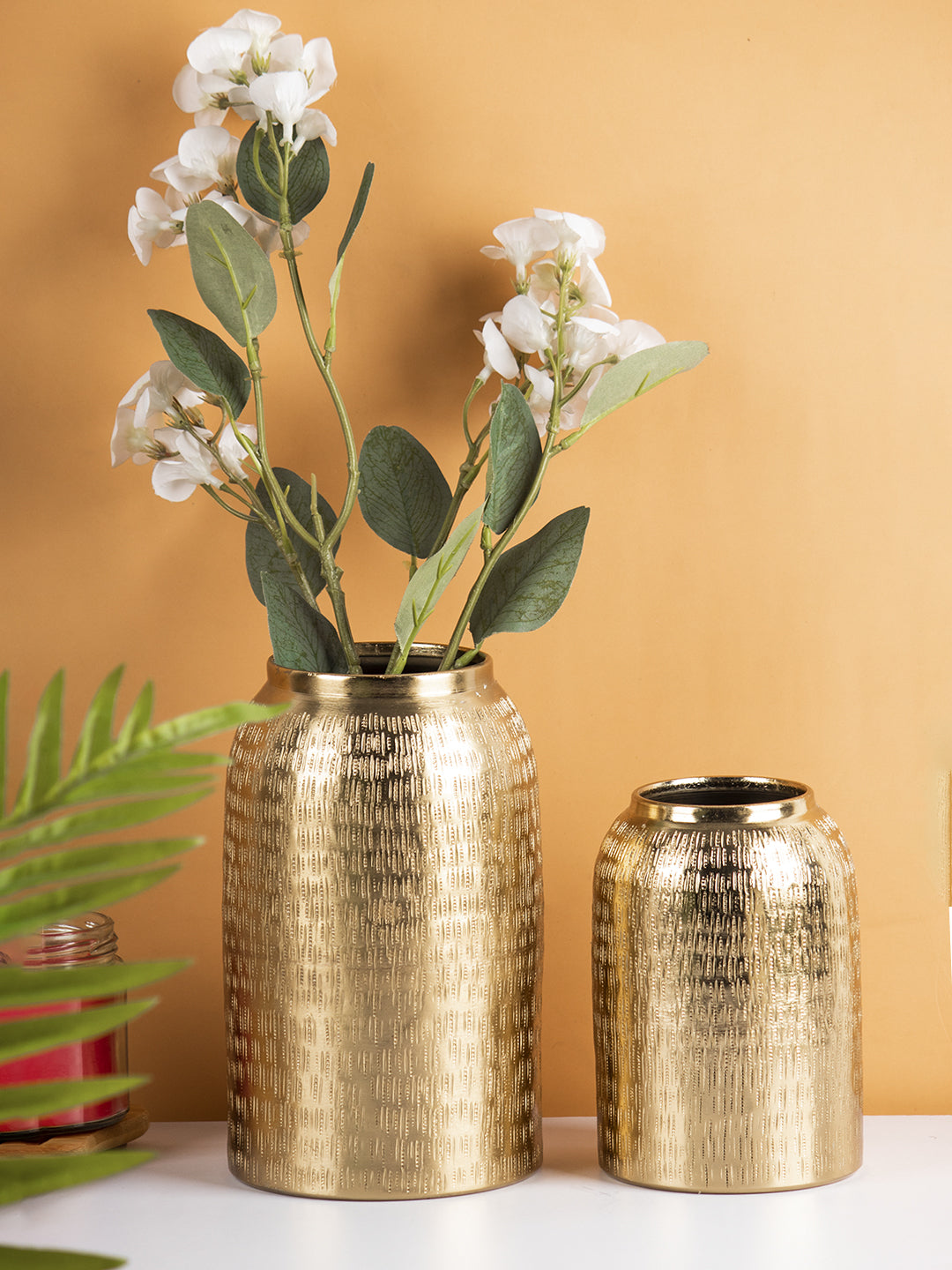 VON CASA Decorative Modern Gold Metal Table Flower Dolchi Shape Vase for Festive Décor, Decorative Lights for Diwali, Candle Light Holder