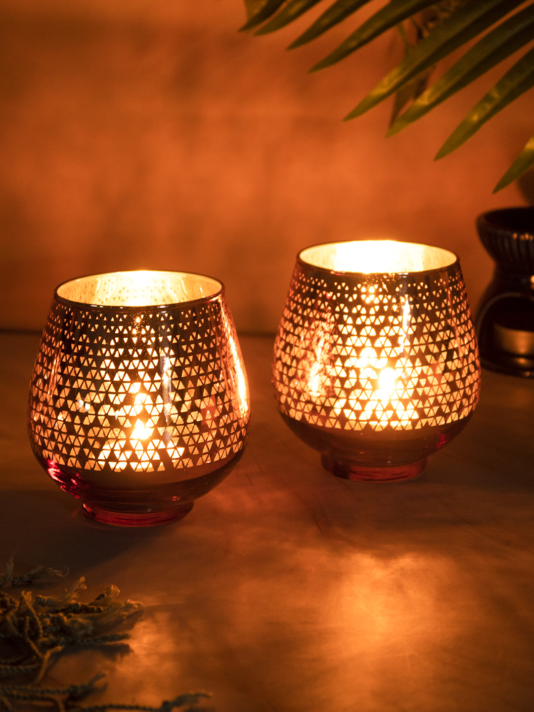 VON CASA Pink Glass Tealight Candle Holders Pack Of 2 Pcs
