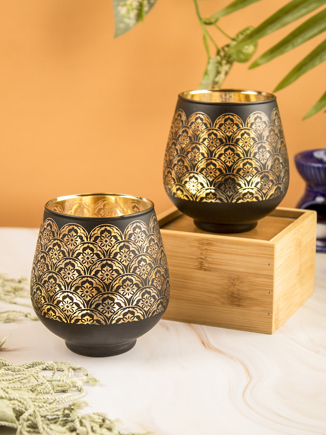 VON CASA Golden Glass Tealight Candle Holders Pack Of 2 Pcs