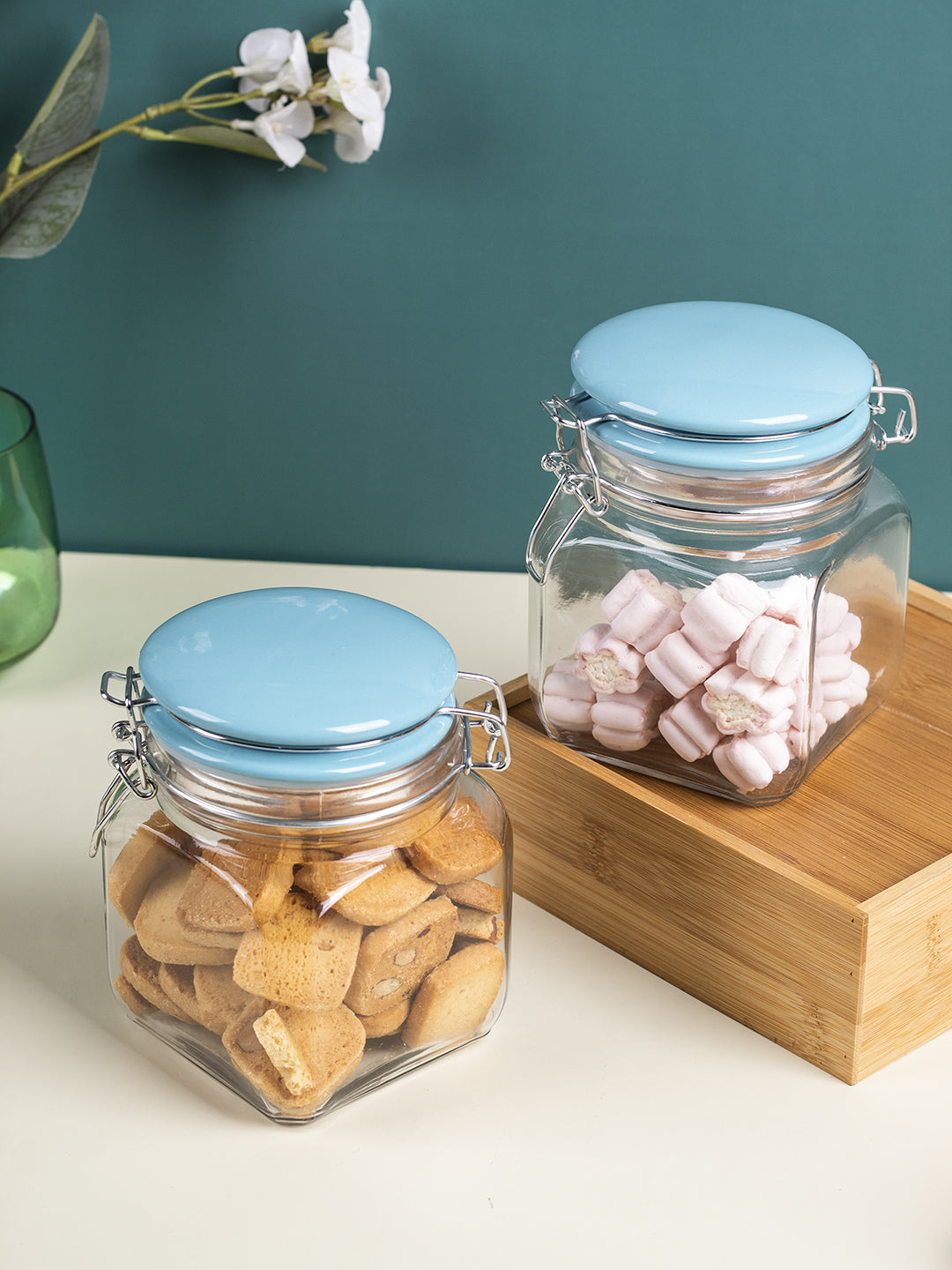 Glass Jar With Skyblue Ceramic Lid Pack Of 2 Pcs - (Each 700 Ml)