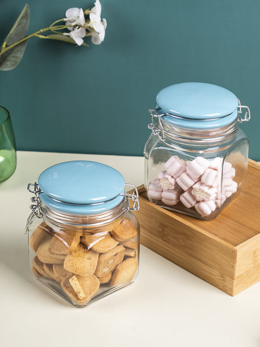 Glass Jar With Skyblue Ceramic Lid Pack Of 2 Pcs - (Each 700 Ml)