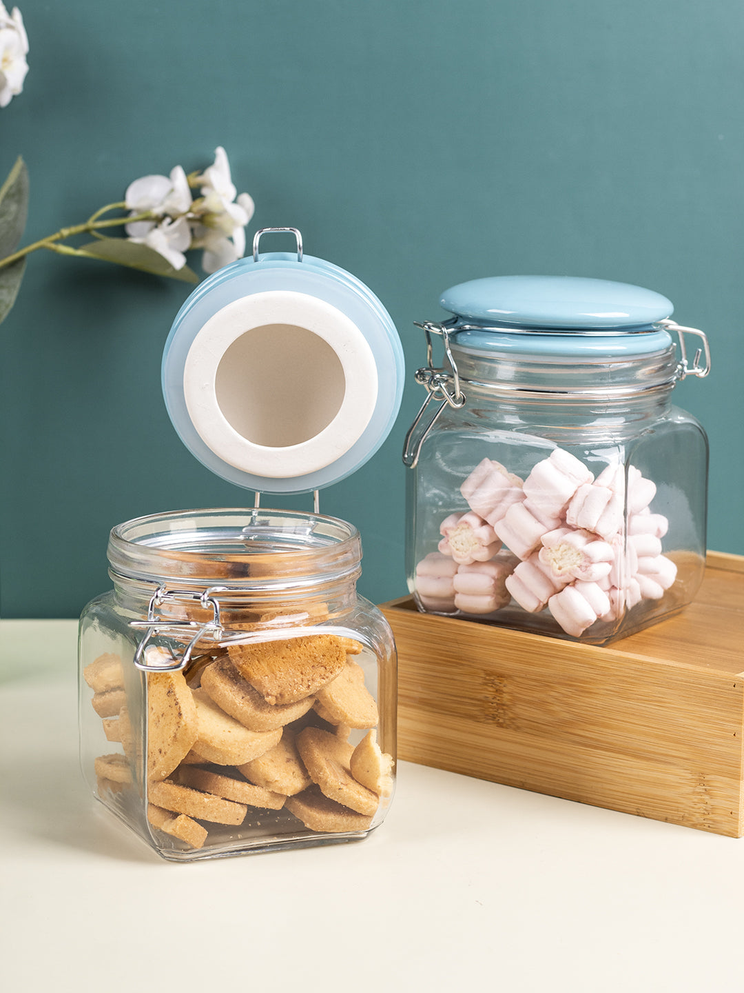 Glass Jar With Skyblue Ceramic Lid Pack Of 2 Pcs - (Each 700 Ml)