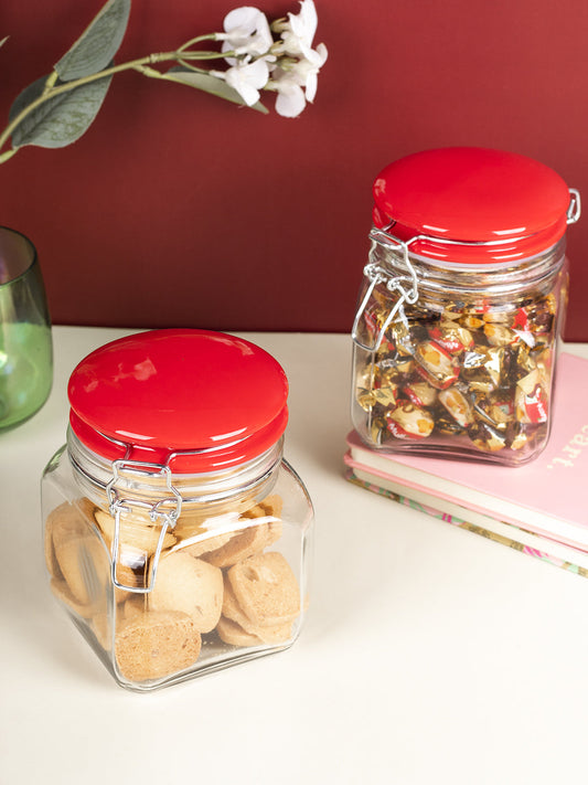 Glass Jar With Red Ceramic Lid Pack Of 2 Pcs - (Each 700 Ml)