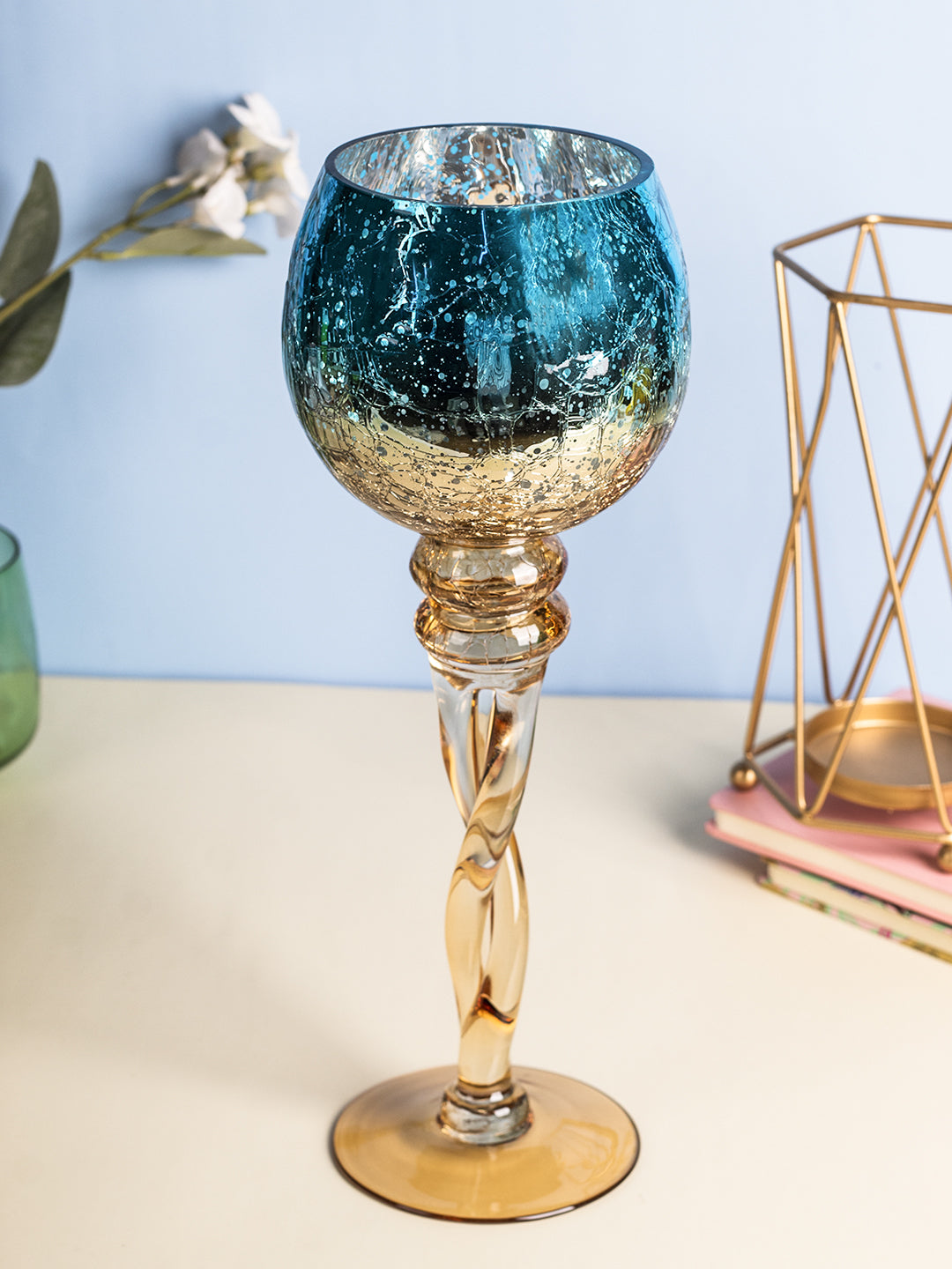VON CASA Decorative Skyblue Tined Glass Candlestick Holder