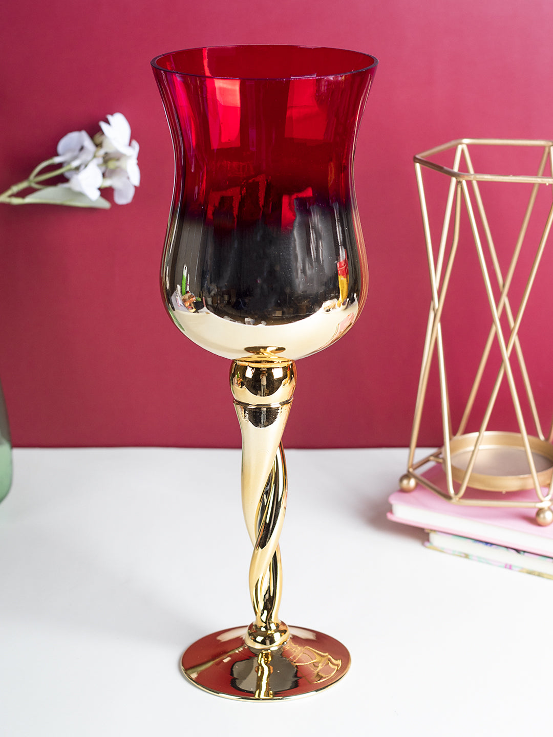 VON CASA Decorative Vintage Red Tinted Glass Candlestick Holder