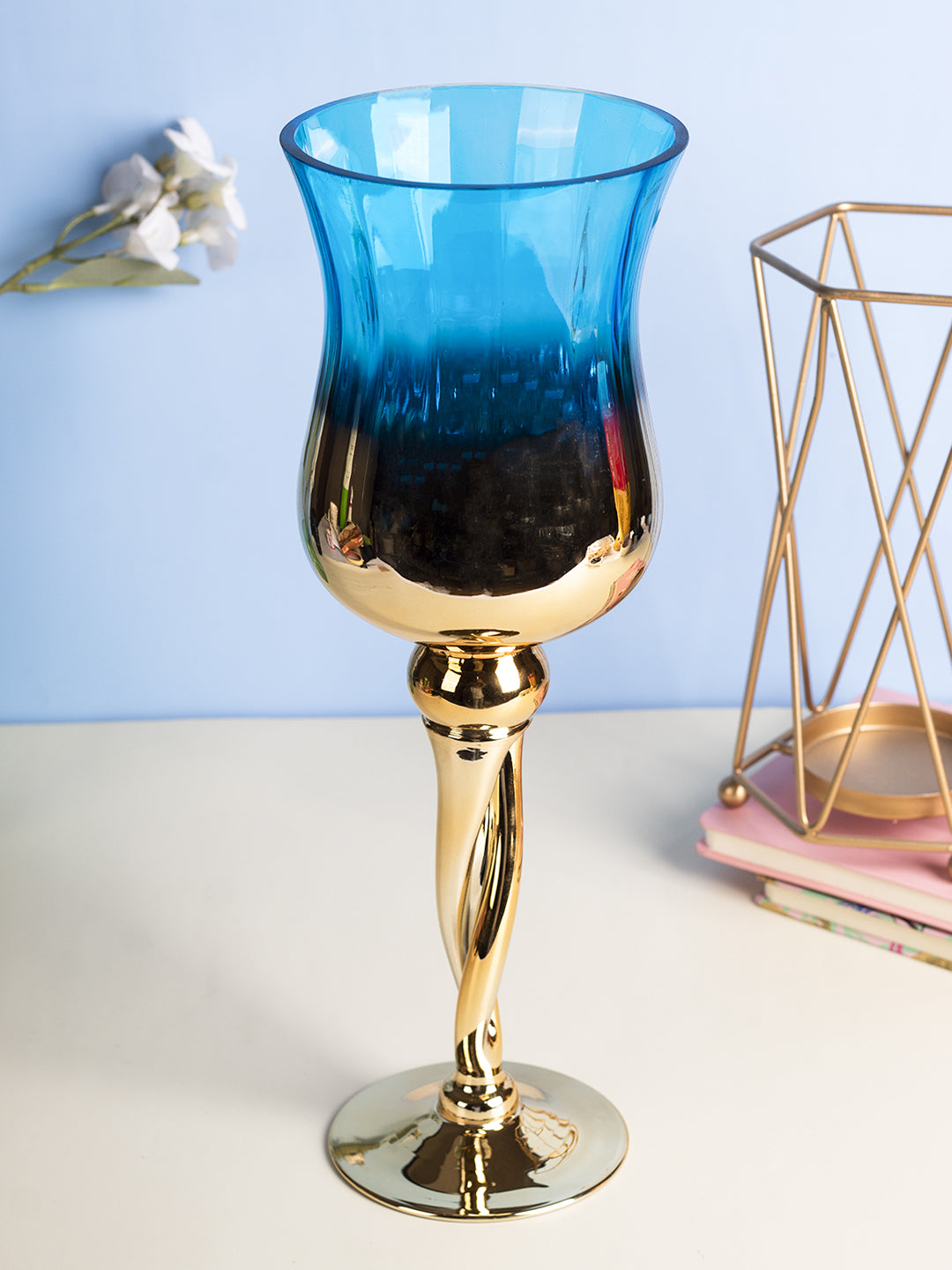 VON CASA Decorative Skyblue Tined Glass Tealight Candlestick Holder