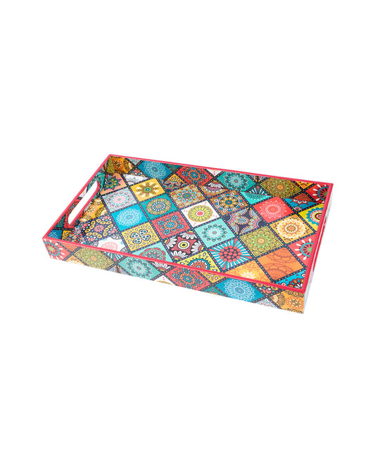 VON CASA Tray with Handle, Multiple Style Print, Multicolour, MDF