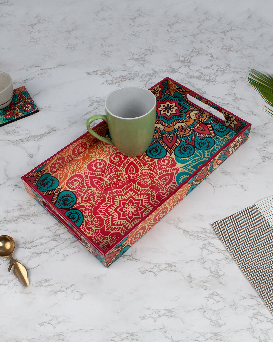 VON CASA Tray with Handle, Traditional Design, Multicolour, MDF