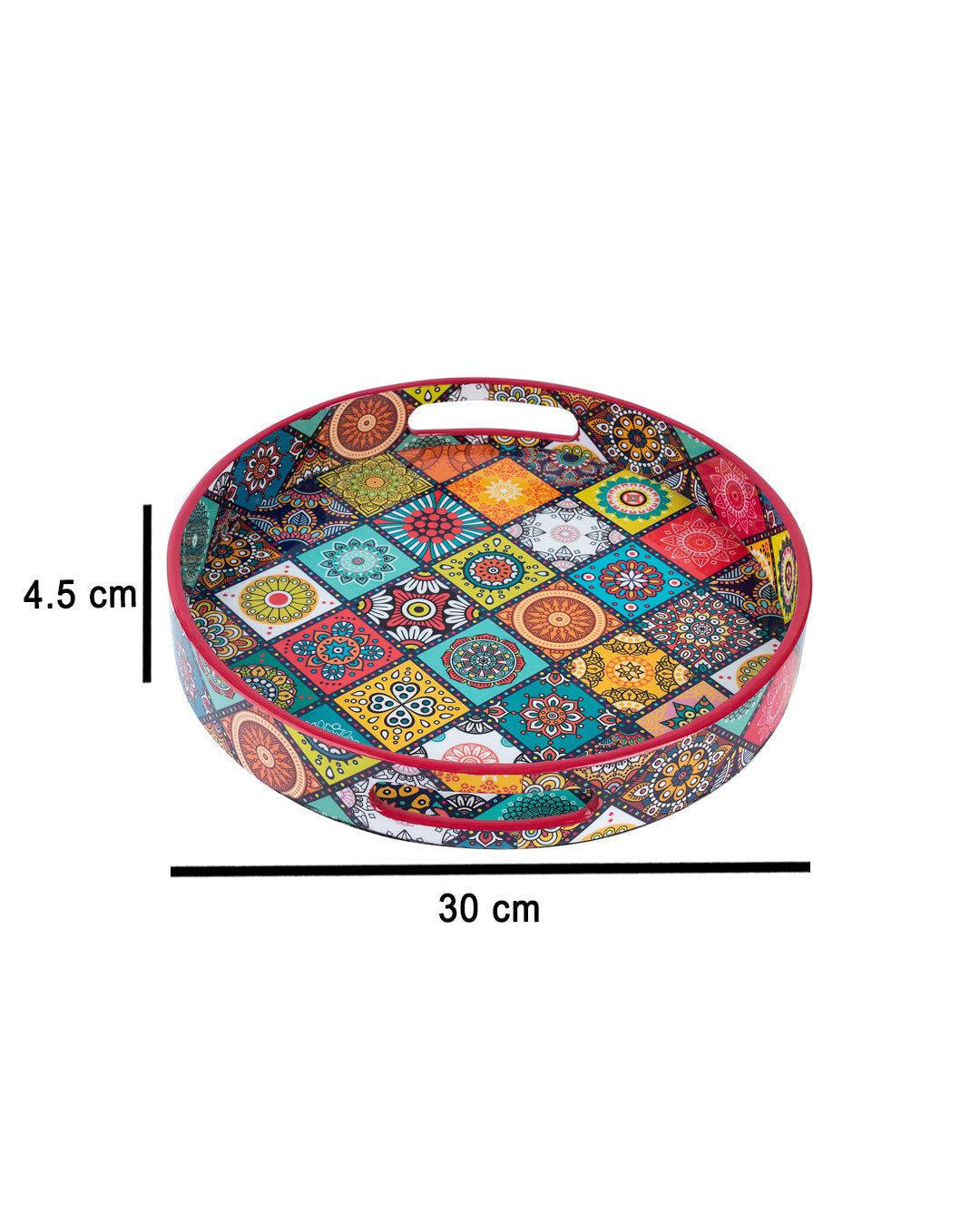 VON CASA Tray with Handle, Round, Multiple Style Print, Multicolour, MDF