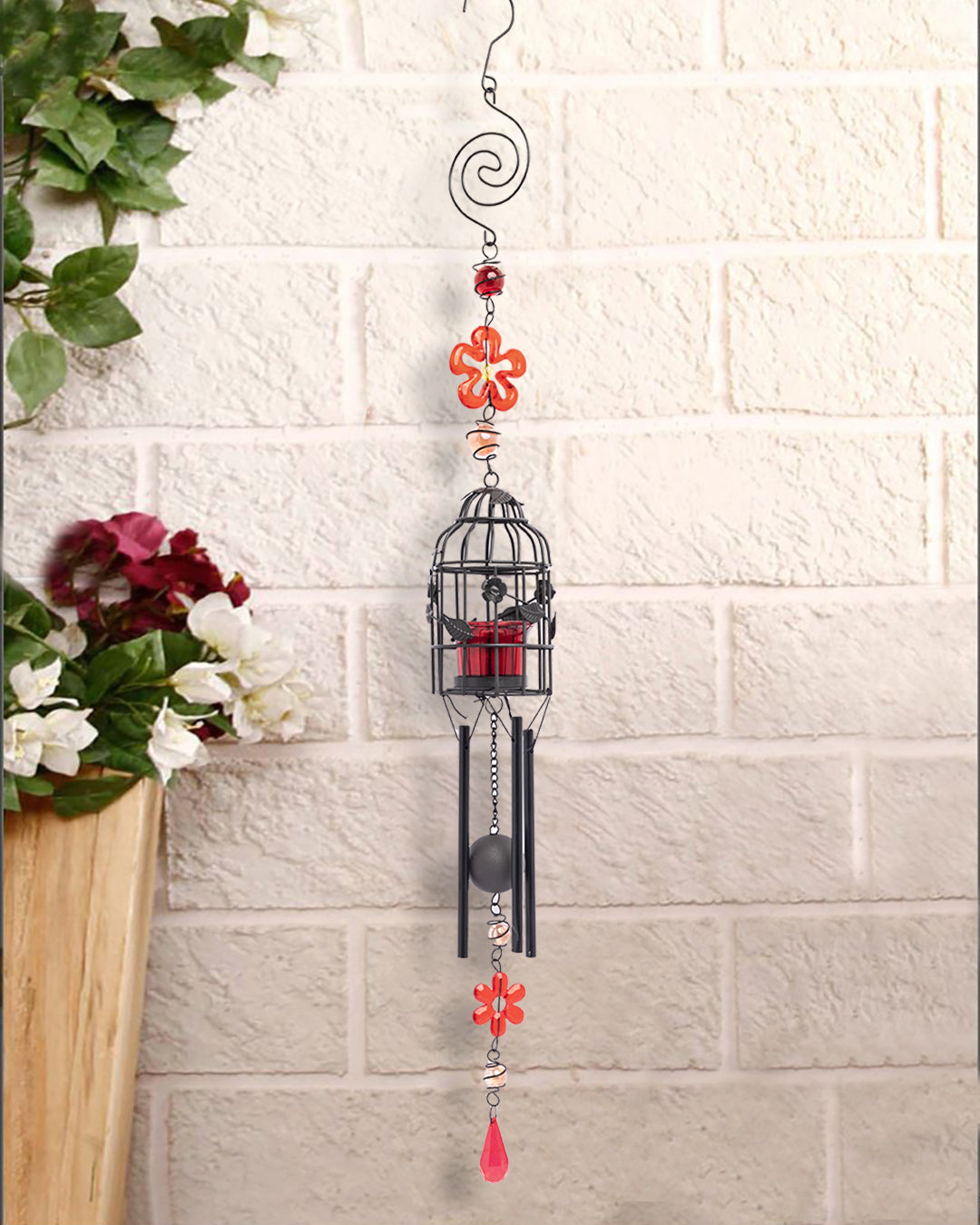 VON CASA Wind Chime with T-Light Holder, Red, Iron