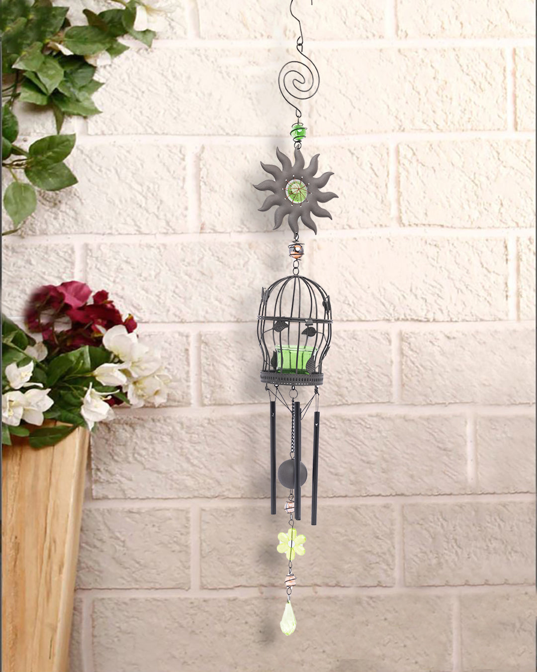 VON CASA Wind Chimes with T-Light Holder, Green, Iron