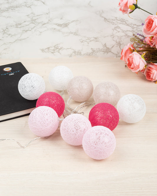 VON CASA String Lights, with 10 Balls, Pink & Taupe, Polystyrene & Cotton