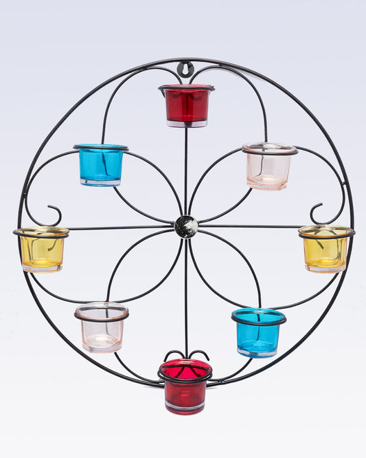 VON CASA Wall Sconce, Multi-coloured Votives, 8 Votive T-Light Candle Holder, Black Finish, Mild Steel