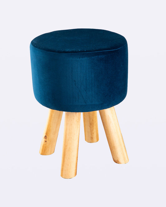 VON CASA Four Legged Wooden Footstool, Ottoman, Navy Blue, Velvet, Wood