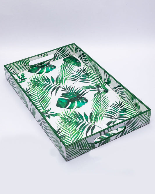 VON CASA Decorative Serving Tray, Wooden Tray with Handles, Nature Inspired Design Tray, Home Décor, Standard, Rectangular, Green Colour, MDF