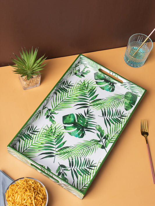 VON CASA Decorative Serving Tray, Wooden Tray with Handles, Nature Inspired Design Tray, Home Décor, Standard, Rectangular, Green Colour, MDF