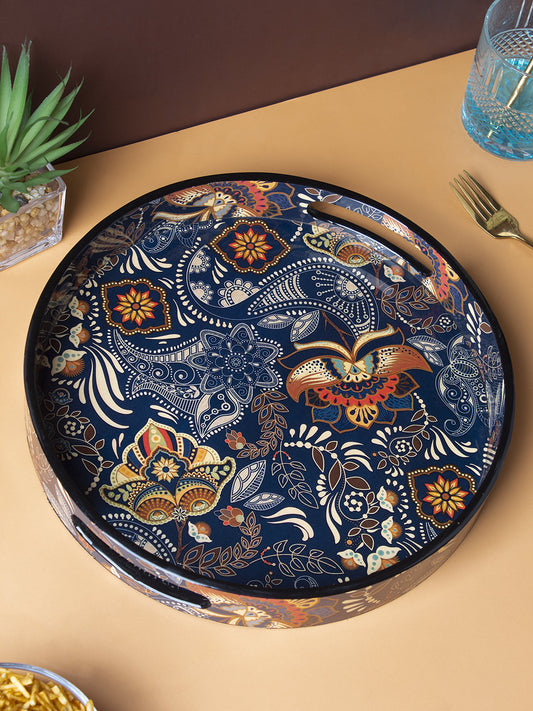 VON CASA Decorative Serving Tray, Wooden Tray with Handles, Ethnic Design Tray, Home Décor, Medium, Round, Multicolour, MDF