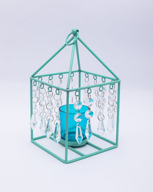 VON CASA Geo T-Light Candle Holder, Clear Crystal Votive Holder, Turquoise Colour, Mild Steel