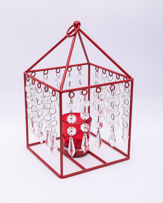 VON CASA Geo T-Light Candle Holder, Clear Crystal Votive Holder, Red Votive, Red Colour, Mild Steel