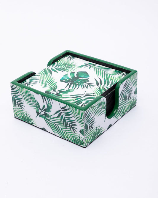 VON CASA Coaster with Holder, Nature Inspired Print, Tea Coaster, with Soft Bottom for Home, Office, & Restaurant, Green Colour, MDF, Set of 6