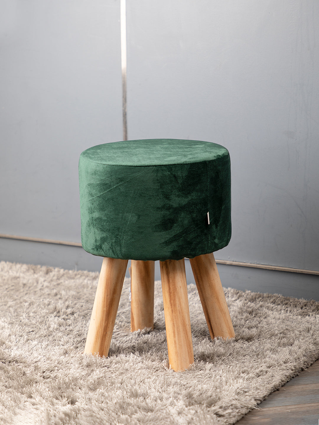 VON CASA Four Legged Wooden Footstool, Ottoman, Emerald Green, Velvet, Wood