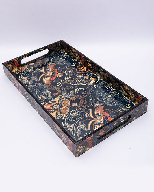 VON CASA Decorative Serving Tray, Wooden Tray with Handles, Ethnic Design Tray, Home Décor, Medium, Rectangular, Multicolour, MDF