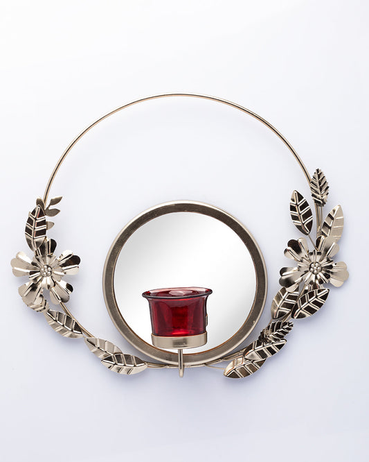 VON CASA Wall Sconce Ring with Mirror, T-Light Holder, Floral Design, Red Votive, Gold, Mild Steel