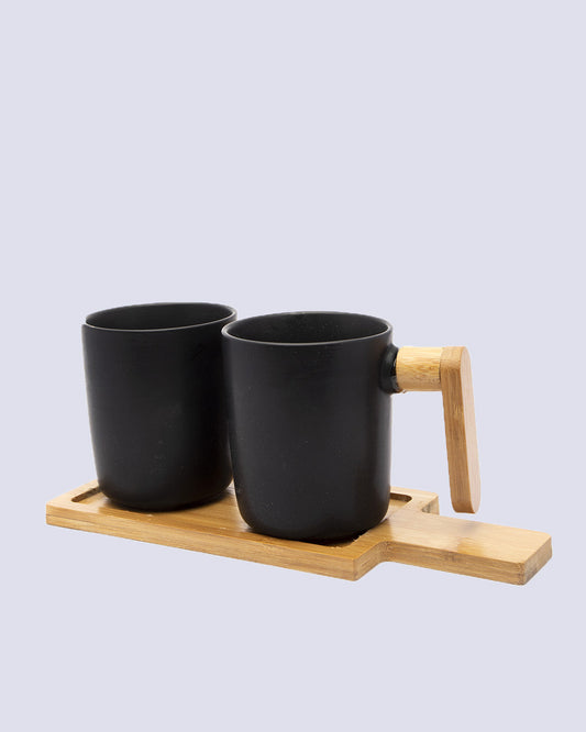VON CASA Mugs, with Wooden Tray, for Home, Office, Restaurants, Black, Ceramic & Bamboo, Set of 2