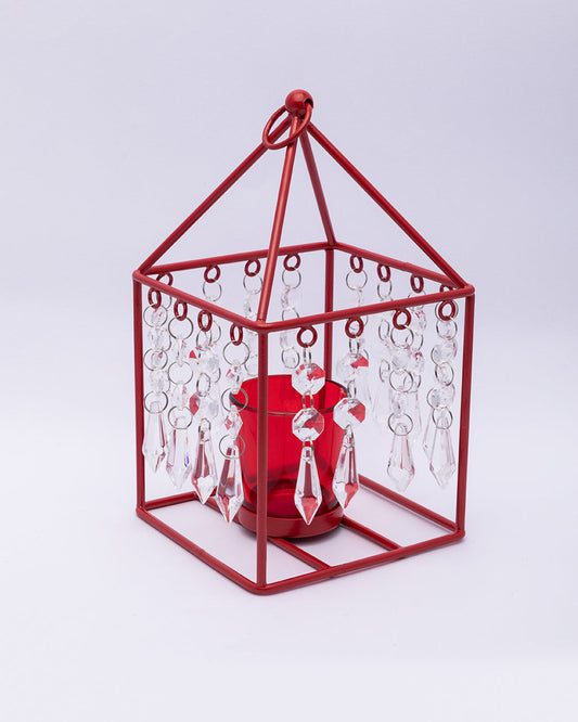 VON CASA Geo T-Light Candle Holder, Clear Crystal Votive Holder, Red Colour, Mild Steel