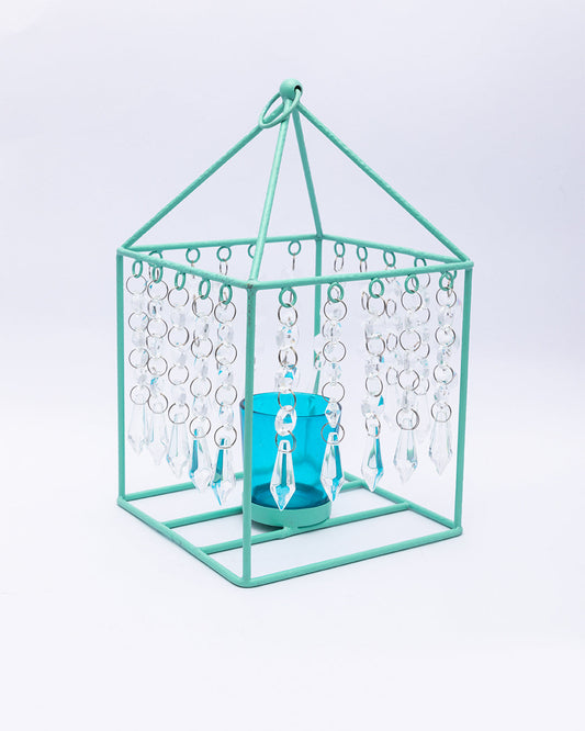 VON CASA Geo T-Light Candle Holder, Clear Crystal Votive Holder, Turquoise Colour, Mild Steel