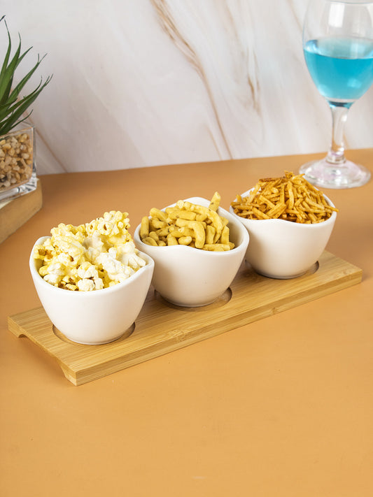 VON CASA Bowls, with Wooden Tray, for Home, Office, Restaurants, White, Ceramic & Bamboo, Set of 3