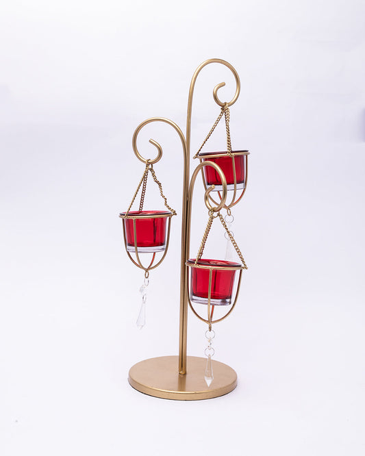VON CASA 3 T-Light Candle Holder, Red Hanging Votive, Gold Finish, Mild Steel
