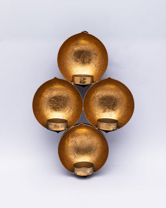VON CASA Wall Scone Diya, 4 Diya T-Light Candle Holder, Modern Design, Gold Foiling, Mild Steel