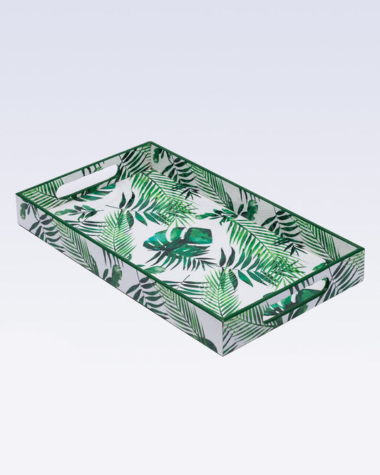 VON CASA Decorative Serving Tray, Wooden Tray with Handles, Nature Inspired Design Tray, Home Décor, Medium, Rectangular, Green Colour, MDF