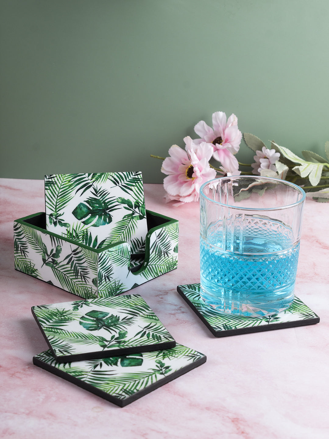 VON CASA Coaster with Holder, Nature Inspired Print, Tea Coaster, with Soft Bottom for Home, Office, & Restaurant, Green Colour, MDF, Set of 6