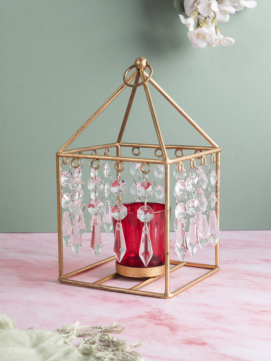 VON CASA Geo T-Light Candle Holder, Clear Crystal Votive Holder, Red Votive, Gold Finish, Mild Steel