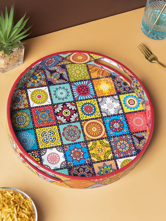 VON CASA Tray with Handle, Round, Multiple Style Print, Multicolour, MDF